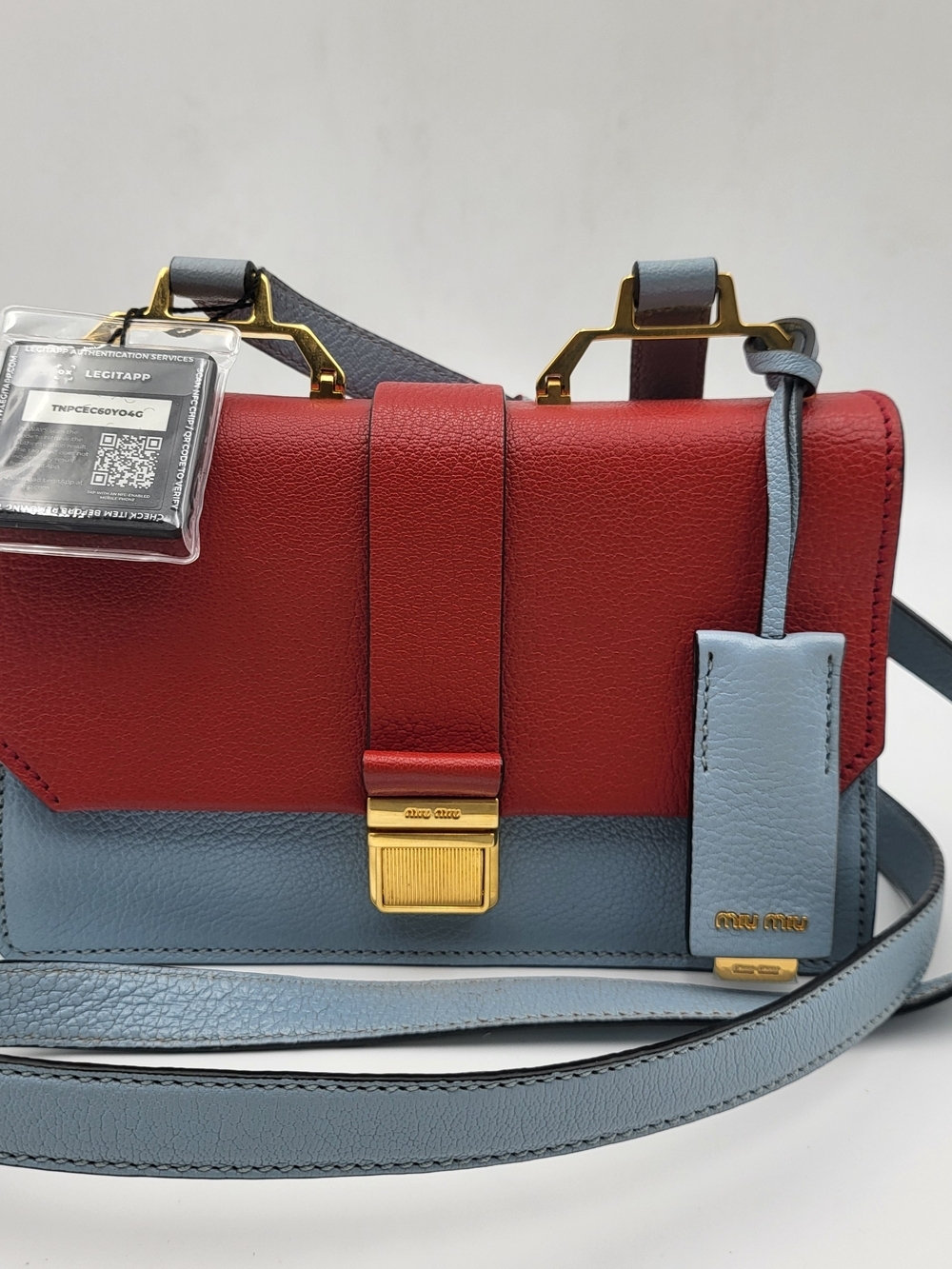Miu Miu Two-Tone Red & Light Blue Goatskin Madras Leather Bag, Auth w/COA.RARE!!